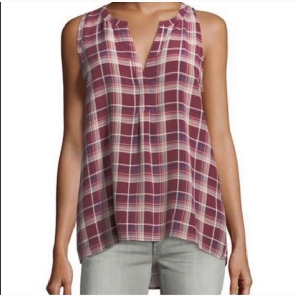 Joie Silk Burgundy Plaid Aruna Split Neck Tank - Picture 2 of 9